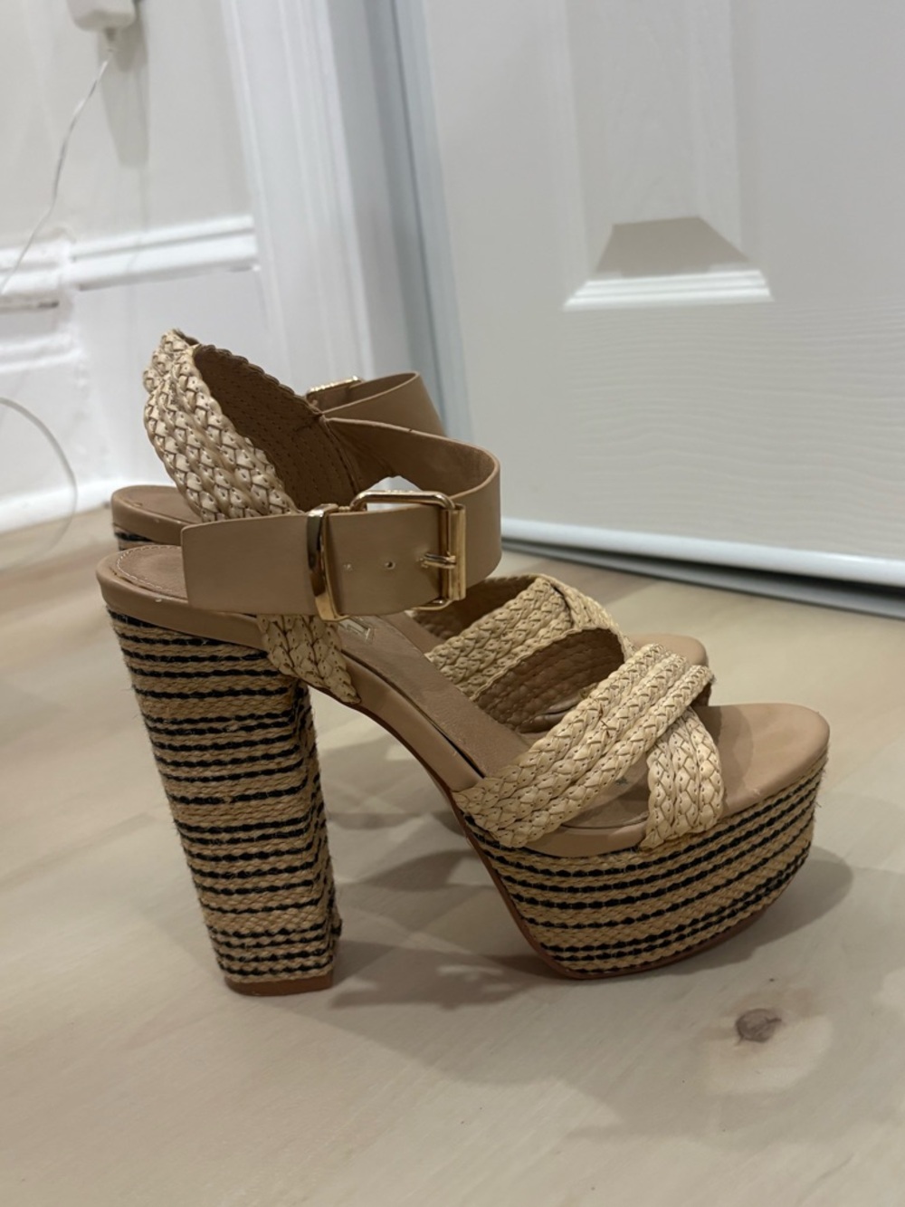 Woven Platform High Heel Sandals - Beige